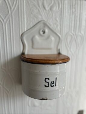 Vintage White Enamel 'Sel' Salt Container with Wood Lid